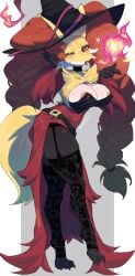 1girls female female_only solo looking_at_viewer fuli_jeffery nintendo pokemon delphox generation_6_pokemon pokemon_(species) 2026 absurd_res digital_media_(artwork) hi_res signature 3_fingers 3_toes anthro areola belt big_breasts black_body blush blush_lines body_blush braided_hair breasts choker cleavage cleavage_overflow clothed clothing eyelashes feet female_anthro fingers flame_heart fur glistening glistening_breasts hair hat headgear headwear heart_symbol ineffective_clothing jewelry lace lace_choker lace_stockings navel necklace nipple_outline nipples one_eye_closed pokemorph simple_background skimpy small_waist standing toes tongue tongue_out white_background white_body white_fur wink winking_at_viewer witch_hat yellow_body yellow_fur stockings stirrup_stockings