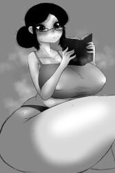 black_eyes black_hair chubby female female_only glasses korbaen large_breasts large_thighs milf monochrome original_character pale_skin panties reading sweat tank_top