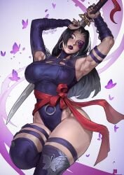 1girls akira_raikou armpits big_breasts black_hair busty butterflies female female_only fully_clothed hips long_hair looking_at_viewer marvel marvel_comics marvel_rivals painted_fingernails painted_nails psylocke psylocke_(sai)_(vengeance) purple_eyes purple_lips purple_lipstick purple_nails sword thighs weapon white_background x-men