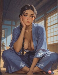1girl ai_generated aisinful ass avatar_the_last_airbender barefoot big_ass big_boobs big_butt blue_eyes blue_kimono blush breasts butt cleavage dark-skinned_female dark_skin female female_only hand_on_own_cheek hand_on_own_face head_rest hi_res indoors japanese_clothes katara kimono large_breasts lips looking_at_viewer medium_breasts shouji sliding_doors solo thick_thighs wide_hips window yukata