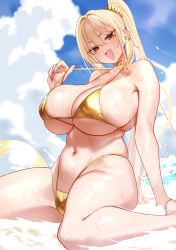 1girl ball beach beachball bikini blonde_hair blue_sky breasts commentary_request day earrings fang gold_bikini gold_choker hair_between_eyes highres huge_breasts jewelry long_hair nail_polish navel omizu_(h2o) open_mouth orange_eyes original outdoors pink_nails ponytail skin_fang sky solo string_bikini summer sweat swimsuit underboob very_long_hair