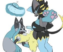 anal anal_penetration angry angry_sex animal_genitalia animal_penis anthro bodily_fluids canid canine canine_genitalia canine_penis cum cum_drip cum_on_penis dominant dominant_male dripping duckerzzart duo ejaculation feet felid feline_genitalia feline_penis generation_4_pokemon generation_7_pokemon generation_9_pokemon genital_fluids genitals hi_res legendary_pokemon looking_at_another lucario male male/male mammal mega_evolution mega_lucario_z mega_zeraora nintendo nintendo_switch pawpads paws penetration penis pokemon pokemon_(species) prostate prostate_orgasm prostate_stimulation prostate_with_heart sex submissive submissive_male toes zeraora