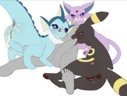 animal_ears anus bestiality black_body black_skin blue_body blue_skin bodily_fluids butt cum cum_in_vagina cum_inside cum_on_butt cum_on_face eeveelution espeon fellatio female feral fin generation_1_pokemon generation_2_pokemon genital_fluids genitals glistening glistening_body glistening_butt glistening_skin group hi_res licking licking_lips male nintendo oral penile penis pokemon pokemon_(species) purple_body purple_skin sex skeleton265 tail tongue tongue_out umbreon vaporeon vulva