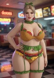 1girls 3d ai_assisted ai_generated beige_hair belly_button blonde_female brown_eyes burger_lingerie checkered_floor choker chubby_female cleavage earrings eyelashes fast_food fast_food_employee fast_food_restaurant fast_food_uniform female garter_belt garter_straps gemini grey_eyes grok hair_ribbon hand_on_hip large_breasts light-skinned_female lipstick looking_at_viewer mature_female midriff neon_sign one_hand_on_hip realistic restaurant rgomez007 self_upload slight_smile solo_female sphere_earrings standing thick_eyelashes thick_lips thick_thighs thigh_strap tied_hair underboob updo wide_hips