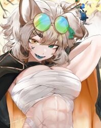 1girl 1girls abs animal_ears black_coat breasts brown_hair butterfly_facial_mark chest_sarashi cleavage coat colored_tongue dog_ears dog_girl eyewear_on_head fangs female green-tinted_eyewear green_eyes green_tongue hair_between_eyes hair_ornament heterochromia highres indie_virtual_youtuber large_breasts looking_at_viewer muscle_mommy muscular muscular_female rennslyaer sarashi scar scar_on_chest short_hair solo tinted_eyewear tits virtual_youtuber vtuber yellow_eyes