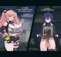 minishell zenless_zone_zero belle_(zenless_zone_zero) nicole_demara highres 2girls alternate_breast_size_(larger) bar_censor black_shirt black_shorts black_thighhighs blue_hair blue_nails blush breasts censored cleavage clothes_lift crop_top detached_sleeves english_text erection foreskin fur-trimmed_shorts fur_trim futa_with_female futanari green_eyes green_nails hair_between_eyes hair_ornament hand_on_own_hip huge_breasts huge_penis huge_testicles jacket letter_hair_ornament lifting_own_clothes long_hair long_sleeves mole mole_on_breast mole_on_thigh multiple_girls nail_polish navel open_clothes open_jacket open_mouth penis phimosis pink_hair shirt short_hair shorts single_thighhigh skirt skirt_lift smile testicles thighhighs veins veiny_penis