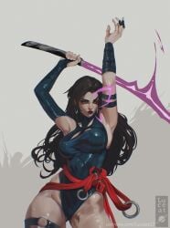 1girls armpits big_breasts black_hair busty female female_only fully_clothed hips long_hair looking_at_viewer luceat marvel marvel_comics marvel_rivals painted_fingernails painted_nails psylocke psylocke_(sai)_(vengeance) purple_eyes purple_lips purple_lipstick purple_nails sword thighs weapon white_background x-men