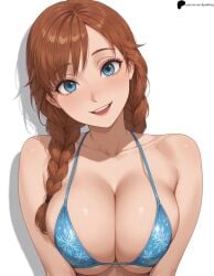1girl 1girls ai_generated anna_(frozen) armpit_crease bare_shoulders bikini blue_bikini blue_eyes braid breasts breasts_squeezed_together brown_hair collarbone disney disney_princess eyebrows_visible_through_hair female female_only frozen_(film) happy hi_res high_quality high_resolution highres large_breasts light light_blush lips long_hair looking_at_viewer nose opal_nemy open_mouth patreon_logo patreon_url patreon_username plain_background self_upload shadow shiny shiny_clothes shiny_hair shiny_skin simple_background smile solo swimsuit twin_braids upper_teeth_only watermark white_background