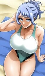 1girls ai_generated beach beach_towel big_breasts blue_eyes blue_hair boku_no_hero_academia curvy curvy_body curvy_female curvy_figure curvy_hips curvy_thighs female female_only hadou_nejire huge_breasts large_breasts light-skinned_female light_skin looking_at_viewer mature_female my_hero_academia nejire_hado one-piece_swimsuit shao145 shiny_skin sitting solo solo_female swimsuit tite_kubo_style towel