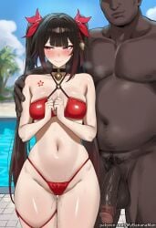 1boy 1girls ai_generated alternate_breast_size bell bikini black_hair blush breasts censored cheating clothed_female_nude_male cuckold curvy curvy_female curvy_figure dark-skinned_male dark_skin erect_penis fat_male fat_man female female_focus hetero honkai:_star_rail huge_breasts huge_cock interracial large_breasts large_penis long_hair male massive_breasts mole mosaic_censoring mybananaman navel netorare ntr nude outdoors penis pool poolside pubic_hair purple_eyes red_bikini shiny_skin smile solo_focus sparkle_(honkai:_star_rail) sweat sweaty swimsuit tattoo twintails