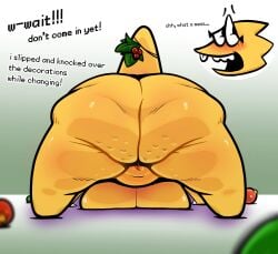 all_fours alphys anthro belly big_breasts big_butt breast_squish breasts breasts_on_ground bubble_butt buckteeth butt butt_crack cellulite christmas_decorations christmas_ornament chubby completely_nude dialogue embarrassed english_text eyewear fat female genitals glasses hi_res huge_butt imminent_anilingus lizard looking_away mistletoe mistletoe_on_tail nude on_ground open_mouth ornament overweight overweight_anthro overweight_female plant rear_view reptile scales scalie short_tail shortstack solo squish tail talking_to_viewer teeth text thick_tail thick_thighs undertale_(series) vulva vyralewd yellow_body yellow_scales