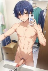 ai_generated bathroom blue_hair brown_eyes dark_blue_hair date_a_live erect_penis holding_cellphone holding_object itsuka_shido mirror muscular_male nude_male reflection sink taking_picture taking_selfie