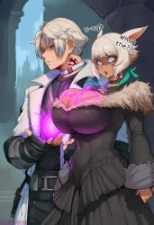 ai_generated breast_expansion breast_growth ffxiv final_fantasy final_fantasy_xiv flatifier gigantic_breasts gigantic_cock gigantic_penis magic paizuri small_breasts thancred_waters y'shtola y'shtola_rhul