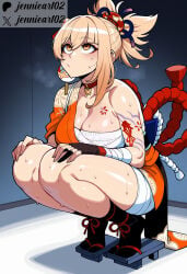 jennieart02 ai_generated twitter_username twitter patreon patreon_username patreon_logo watermark 1girl clothing female squatting yoimiya_(genshin_impact) genshin_impact sarashi wafuku japanese_clothes sweat traditional_clothes breasts solo bandages cleavage blonde_hair tattoo orange_kimono thighs arm_tattoo chest_sarashi choker kimono large_breasts geta footwear black_socks red_choker robe ponytail makeup chest_tattoo single_bare_shoulder socks hadanugi_dousa bandaged_arm hair_ornament yellow_eyes gloves looking_up fingerless_gloves flower_tattoo orange_eyes eyeliner tabi hair_between_eyes hands_on_own_knees sash tiptoes thick_thighs rope single_fingerless_glove shimenawa bare_shoulders black_gloves full_body long_hair obi collarbone