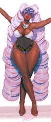 1girl absurdres arms_(game) arms_up barefoot belly_chain big_breasts bikini breasts cleavage covered_nipples crossed_legs curvy dark-skinned_female dark_skin domino_mask drill_hair earrings eye_mask feet female female_only full_body highres hip_dips hip_focus jewelry large_breasts lips lipstick long_hair looking_at_viewer makeup mask multicolored_hair narrow_waist navel necklace nintendo nipple_bulge o-ring o-ring_bikini outstretched_arms pendant pink_hair robaato simple_background smile solo standing swimsuit thick_thighs thighs thin_waist toes twin_drills twintails twintelle twintelle_(arms) very_dark_skin very_long_hair watson_cross white_background white_bikini wide_hips