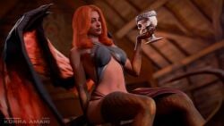 1girl 3d 3d_(artwork) 3d_render blender dark-skinned_female dark_skin demon demon_girl demon_wings ginger_hair glass holding_object korra_amari oc original_character posing skull wooden_wall