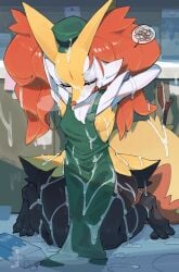 1girls female female_only solo kneeling fuli_jeffery nintendo pokemon braixen canid generation_6_pokemon mammal pokemon_(species) 2026 colored digital_drawing_(artwork) digital_media_(artwork) full-length_portrait hi_res portrait shaded 3_toes anthro apron apron_only areola areola_slip arm_tuft big_ears big_tail biped black_body black_claws black_fur blush blush_lines breasts breath cheek_tuft chest_tuft claws clothing container covering cute_fangs detailed_background digitigrade dipstick_tail emanata employee employee_uniform eyelashes eyes_closed facial_tuft fangs feet female_anthro fluffy fluffy_tail front_view frustrated frustration_cloud fur green_apron green_clothing green_hat green_headwear hands_behind_head hat headgear headwear hip_tuft inner_ear_fluff inside knock-kneed markings milk milk_carton milk_container mostly_nude multicolored_body multicolored_fur object_in_tail open_mouth orange_body orange_fur orange_nose orange_tail_tip partially_clothed_anthro partially_clothed_female pink_areola pointy_ears prick_ears shoulder_tuft small_breasts stick stick_in_tail suggestive tail tail_markings tapering_snout teeth thick_eyelashes toe_claws toes tuft two_tone_tail white_body white_fur yellow_body yellow_fur yellow_tail very_high_resolution absurd_res