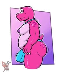 2026 accessory anthro bulge clothing d3monm0th dinosaur gameoverse glitch_productions gobbles_(gameoverse) hi_res hyper male male_only moobs necktie nipples pink_body prehistoric_species reptile scalie simple_background slightly_chubby solo solo_male standing underwear