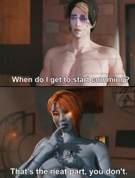 1boy 1girls awoken blender blender_(software) blue_body blue_eyes blue_skin calliope_brando calliope_brando_(zdots) caption chastity_cage chastity_device cock_cage destiny_(game) destiny_(video_game) destiny_2 dominant_female female femboy femdom glasses guardian_(destiny) hunter_(destiny) meme meme_reference nipples nude nude_female nude_male orange_eyes orange_hair orgasm_denial tease teasing warlock_(destiny) zdots