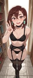 1girl :d ai_generated arm_behind_back ayase_momo bangs black_bra black_choker black_footwear black_panties black_thighhighs blush bookshelf bra breasts brokewyt brown_eyes brown_hair cheating choker cleavage collarbone cuckold dandadan earrings female female_only full_body garter_belt hair_between_eyes indoors jewelry lace-trimmed_legwear lace_trim lingerie looking_at_viewer medium_breasts medium_hair momo_ayase navel open_mouth panties smile solo standing teeth thighhighs uncensored underwear underwear_only v