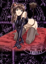 00s 1girl all_fours aqua_eyes bed bent_over bible_black black_panties blue_eyes breasts brown_hair brown_thighhighs butt_crack candle crop_top crossed_arms elbow_gloves feet female female_focus female_only gloves grey_thighhighs hair_bobbles hair_ornament halterneck highres imari_kurumi kneeling large_breasts long_hair magic_circle midriff no_pants non-web_source open_mouth panties ponytail scan shiny_clothes shiny_skin side_ponytail sideboob solo strap thighhighs toe_scrunch toes underwear yoshiten