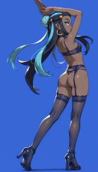 1girl ai_generated arms_up ass back black_bra black_footwear black_hair black_panties black_thighhighs blue_background blue_eyes blue_eyeshadow blue_hair bra breasts brokewyt cheating cuckold dark-skinned_female dark_skin earrings eyelashes eyeliner eyeshadow female female_only from_behind full_body garter_belt hair_bun hair_ornament high_heels hoop_earrings jewelry kneepits lace lace-trimmed_legwear lace_trim lingerie long_hair looking_at_viewer looking_back makeup multicolored_hair nail_polish nessa_(pokemon) panties pokemon pokemon_swsh shiny simple_background single_hair_bun small_breasts solo standing thighhighs thong two-tone_hair uncensored underwear underwear_only