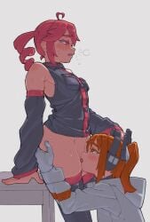 2girls a.i._voice adachi_rei ahoge blush bottomless commentary cunnilingus detached_sleeves drill_hair female female_only from_side gloves grey_shirt heart heart_ahoge highres hood hood_down hooded_jacket jacket kasane_teto kasane_teto_(utau) long_sleeves multiple_girls open_mouth oral orange_eyes orange_hair red_eyes red_hair shirt simple_background sleeveless sleeveless_shirt standing steam_from_mouth sweat taoyaka_(toyk39) thighhighs twin_drills utau white_gloves white_jacket yuri