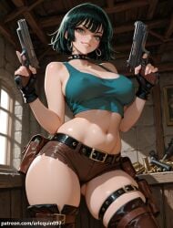 1girl 1girls ai_generated arlequin097 ass_visible_through_thighs bare_shoulders belt big_breasts black_choker black_gloves boots breasts brown_footwear brown_shorts choker cleavage coin collar collarbone cosplay covered_nipples cowboy_shot crop_top dual_wielding earrings female female_only finger_on_trigger fingerless_gloves fubuki_(one-punch_man) gloves green_eyes green_hair grin gun handgun holding holding_gun holding_weapon holster hoop_earrings indoors jewelry lara_croft_(cosplay) large_breasts lips looking_at_viewer midriff navel one-punch_man shell_casing short_hair short_shorts shorts skindentation smile solo spiked_collar spikes stomach studded_choker studded_collar tank_top teeth thigh_boots thigh_strap thighhighs thighs tomb_raider trigger_discipline weapon window