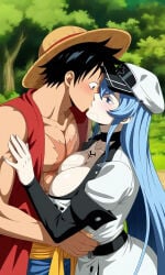 ai_generated akame_ga_kill! ass big_ass big_breasts blue_hair busty clothing crossover deviantart esdeath esdeath_(akame_ga_kill!) female huge_breasts kiss kissing male male/female monkey_d._luffy monkey_d_luffy muscular muscular_male one_piece scar straw_hat wide_hips