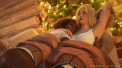 2girls 3d 3d_(artwork) 3d_render blanket blender blonde_female blonde_hair brown_hair christmas_tree cuddling dark-skinned_female dark_skin korra_amari new_year nose_piercing oc original_character sfw sleeping sleeping_together yuri