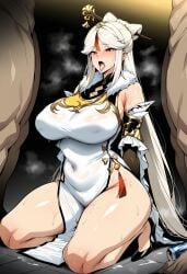 ai_generated novart01 1girl clothing female genshin_impact male breasts long_hair ningguang_(genshin_impact) multiple_boys 2boys dress white_hair red_eyes thighs hair_ornament large_breasts open_mouth china_dress chinese_clothes blush kneeling tongue sweat tongue_out hetero bangs parted_bangs tassel solo_focus bare_shoulders penis hairpin covered_navel very_long_hair pelvic_curtain high_heels black_footwear white_dress dark-skinned_male dark_skin drink_can detached_sleeves can mmf_threesome thick_thighs fur_collar nude side_slit wet full_body clothed_female_nude_male elbow_gloves huge_breasts sidelocks gloves hair_stick threesome