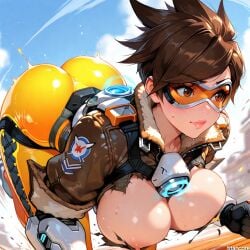(titancore) ai_generated big_breasts bomber_jacket breasts_out brown_hair curvy_figure cute_girl fast female female_only girl goggles goggles_on_head lena_oxton lips overwatch running spiky_hair sweatdrop thick_thighs torn_clothing tracer video_game_character