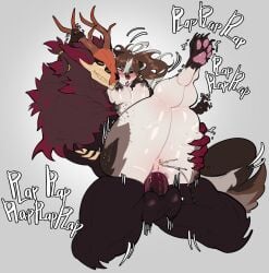 4_eyes anal anal_orgasm anal_penetration anthro anthro_on_anthro anthro_penetrated anthro_penetrating anthro_penetrating_anthro antlers balls big_butt big_penis blush bodily_fluids bone breasts brown_body butt connardcf dominant dominant_anthro dominant_male duo ejaculation felid feline female female_anthro female_penetrated genital_fluids genitals grey_background hands-free hi_res horn kneeling larger_anthro larger_dom larger_male looking_pleasured male male/female male_anthro male_penetrating male_penetrating_female mammal monster multi_eye multicolored_body nipple_piercing nipples nude nude_anthro nude_female nude_male oral orgasm orgasm_face pawpads paws penetration penile penile_penetration penis penis_in_ass piercing plap sex simple_background size_difference skull skull_head smaller_anthro smaller_female smaller_penetrated submissive submissive_anthro submissive_female tan_body thick_thighs tongue tongue_out unknown_species vaginal_fluids vaginal_squirting vulva wide_hips