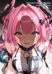 yvonne_(arknights:_endfield) arknights arknights:_endfield ai_generated waifuplay pink_hair scared scared_expression scared_face penis_shadow shadow worried worried_expression worried_look worried_face kneeling submissive submissive_female wavy_mouth big_breasts huge_breasts large_breasts blushing raised_eyebrows bare_shoulders pointy_ears elf_ears dragon_girl dragon_tail horns 1girl female_only female_focus