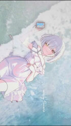 1girl solo short_hair two-toned_hair white_hair purple_hair heterochromia yellow_eye red_eye smiling white_dress frilled_dress sleeveless_dress ruffles lying_on_back smartphone earphones water ripples floating light_blue_aesthetic soft_shading overhead_shot text english_text signature vtuber virtual_vtuber