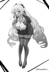 bronya_zaychik bronya_zaychik_(silverwing:_n-ex) bondage bound tape tape_gag honkai_impact_3rd honkai_(series) office_lady office_clothing gray_hair black_and_white breasts_out removing_shirt removing_clothing tugging tugging_clothing