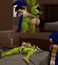 1boy 1girls 3d 3d_(artwork) after_sex anthro anthro_on_anthro arms_pulled_back ass bed bedroom blue_fur breasts cum cum_in_pussy doggy_style duo eyes_closed female fur furry furry_female furry_male furry_only galestar01 gloves green_fur hands_on_arms hedgehog indoors looking_at_another lying_on_back male male/female mammal mature mature_female mature_male nipples nude open_mouth pussy sega sex shoes sonic_(series) sonic_the_hedgehog sonic_the_hedgehog_(idw) sonic_the_hedgehog_(series) straight straight_sex surge_the_tenrec teeth tenrec tongue tongue_out white_gloves