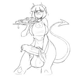 kinky_rat helltaker lucifer_(helltaker) futanari apron_only huge_penis huge_balls huge_breasts sideboob sweat blushing demon_girl demon_tail horns pancakes embarrassed cum dripping_cum cum_on_food food erection solo thick_thighs
