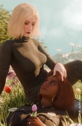 3d 3d_(artwork) 3d_render blender korra_amari 2girls sfw flowers spring sweater police police_uniform policewoman police_officer brown_hair earrings nose_piercing ring_(jewelry) ring rings blonde_hair blonde_female white_skin dark_skin dark-skinned_female looking_at_another oc original_character original_characters touching_hair laying_on_lap