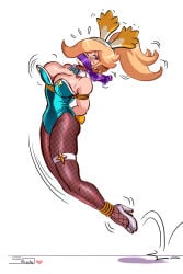 princess_rosalina blonde_hair mario_(series) super_mario_galaxy jumping hopping bondage bound gag gagged heels bunnysuit bunny_ears bunny_girl fishnets fishnet_legwear cloth_gag embarrassed blush bouncing_breasts sweatdrop