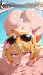 cartoony cartoon big_ass big_breasts large_breasts large_ass 1girls 1girl straight female solo_focus female_focus blurry_background blurred_background depth_of_field breasts ass thin_waist small_waist ai_generated odexai thick_thighs wide_hips absurd_res absurdres hi_res highres high_resolution high_quality goa_minagawa kizetsu_yuusha_to_ansatsu_hime gore_(kizetsu_yuusha_to_ansatsu_hime) minagawa_goa goa_(kizetsu_yuusha) window 1boy penis blonde_hair hair_flower orange_eyes long_hair blush testicles thighs eyewear_on_head thong sunglasses hair_ornament swimsuit earrings thong_bikini thighhighs bikini g-string looking_at_viewer flower water wet outdoors pool white_bikini oral fellatio cum cum_in_mouth :>= deepthroat pov uncensored blurry hetero jewelry cheek_bulge