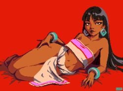 1girl bare_shoulders barefoot bed_sheet black_hair blunt_bangs bracelet bracelets breasts brown_eyes chel chel_(el_dorado) chel_(the_road_to_el_dorado) closed_mouth commentary crop_top dark-skinned_female dark_skin dreamworks earrings english_commentary feet female female_only full_body jewelry lips loincloth long_hair looking_at_viewer lying mayan_clothes medium_breasts navel on_bed on_side pelvic_curtain pink_tube_top pixel_art red_background simple_background smile solo strapless the_road_to_el_dorado thick_thighs thighs thisislux toes tube_top two-tone_tube_top white_loincloth