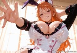1girl ai_generated animal_ears arm_behind_head arm_up bangs black_bra blush bra breasts brown_eyes buttons cleavage covered_navel curtains fake_animal_ears female female_only from_below grin hat huge_breasts indoors kermixx large_breasts long_hair long_sleeves looking_at_viewer nami_(one_piece) nurse nurse_cap one_piece orange_hair rabbit_ears see-through shiny shiny_skin smile solo sweat underwear upper_body wet wet_clothes white_headwear window