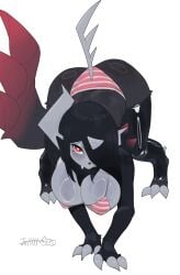 fuli_jeffery nintendo pokemon pokemon_legends_z-a generation_9_pokemon mega_absol_z mega_evolution pokemon_(species) 2025 artist_name digital_drawing_(artwork) digital_media_(artwork) full-length_portrait hi_res portrait 2_horns 3_claws anthro big_breasts black_hair black_nose blush blush_lines bottomwear bra breasts claws clothed clothed_anthro clothed_female clothing digitigrade eyelashes female glistening glistening_breasts glistening_clothing glistening_legwear glistening_stockings grey_claws grey_tail hair hair_over_eye hanging_breasts high-angle_view horn latex latex_clothing latex_legwear latex_stockings legwear looking_at_viewer looking_up looking_up_at_viewer markings mole_(marking) panties pattern_bottomwear pattern_bra pattern_clothing pattern_panties pattern_topwear pattern_underwear pink_bra pink_clothing pink_panties pink_underwear pupils quadruped red_eyes simple_background solo spiked_tail spikes spikes_(anatomy) standing stockings striped_bottomwear striped_bra striped_clothing striped_panties striped_topwear striped_underwear stripes tail text thick_thighs toe_claws topwear underwear white_background white_pupils white_sclera wide_hips very_high_resolution 1girls female_only all_fours hair_over_one_eye