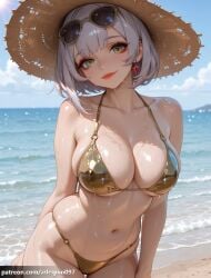 ai_generated arlequin097 noelle_(genshin_impact) genshin_impact mihoyo 1girl solo breasts looking_at_viewer blush smile short_hair large_breasts hat navel closed_mouth cleavage jewelry bare_shoulders green_eyes collarbone swimsuit white_hair grey_hair thighs outdoors cowboy_shot earrings bikini sky alternate_costume day cloud stomach water blue_sky wet lips bare_arms shiny_skin sideboob makeup skindentation leaning_forward ocean halterneck beach sunglasses thigh_gap sunlight eyewear_on_head wet_clothes string_bikini sun_hat shiny_clothes brown_headwear glint straw_hat yellow_bikini o-ring_bikini wet_swimsuit drop_earrings gold_bikini