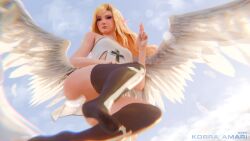 3d 3d_(artwork) 3d_render blender korra_amari oc original_character angel angel_wings blonde_hair feathers feathered_wings horn earrings sky flying 1girl sfw ears white_skin white_skinned_female