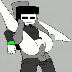 male female 1girl 1boy female_focus grey_skin gray_skin black_eyes blank_stare neutral_expression slim_waist medium_breasts black_hair long_hair bangs no_socks no_shoes no_panties no_pants gray_shirt grey_shirt grey_turtleneck_sweater turtleneck green_bracelet bracelet pants_down grey_pants 5_fingers vaginal_penetration sex full_nelson leg_up charlie_emily charlotte_emily aged_up alternate_universe ai_generated pixai flat_colors black_outline five_nights_at_freddy's