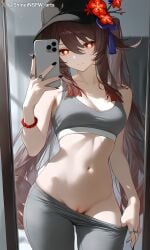 ai_generated artist_name blush dark_brown_hair female flower_hair_ornament genshin_impact glowing_eyes grey_leggings grey_sports_bra hat hu_tao_(genshin_impact) large_breasts leggings long_hair looking_at_viewer mirror_selfie nipples pulled_down red_eyes shineinsfw shiny_skin smartphone smile solo sweat topless