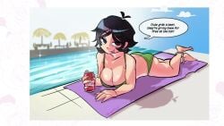 2026 beer beer_can big_breasts bikini black_hair breasts commission commission_art commissioner_upload female female_only green_bikini hollie_hawkes large_breasts light-skinned_female light_skin mkmaffo no_sex not_porn pinup pool poolside purple_eyeshadow scott_pilgrim scott_pilgrim_(series) scott_pilgrim_takes_off smile smiling smiling_at_viewer speech_bubble speech_bubbles sweat sweatdrop sweating sweaty sweaty_body towel