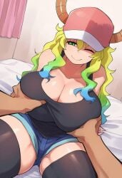 anime blue_hair boob_squish boob_window boobies bra cleavage colored_hair curtains cute cute_face green_eyes green_hair groping groping_breasts hat holding_breast horns huge_ass huge_breasts huge_tits jorts large_ass large_breasts large_thighs large_tits legs_apart legs_spread long_hair looking_at_viewer looking_pleasured lucoa miss_kobayashi's_dragon_maid ombre_hair one_eye_closed one_eye_open pov questionable quetzalcoatl_(dragon_maid) round_breasts sheets shiny_skin shorts shoulders sitting sitting_on_bed smile smiling soft_breasts squeezing squeezing_breast squeezing_breasts squeezing_breasts_together tank_top thick_ass thick_hips thick_legs thick_thighs thighhighs thighs tight_clothing tits visor wall wearing_hat yellow_horn